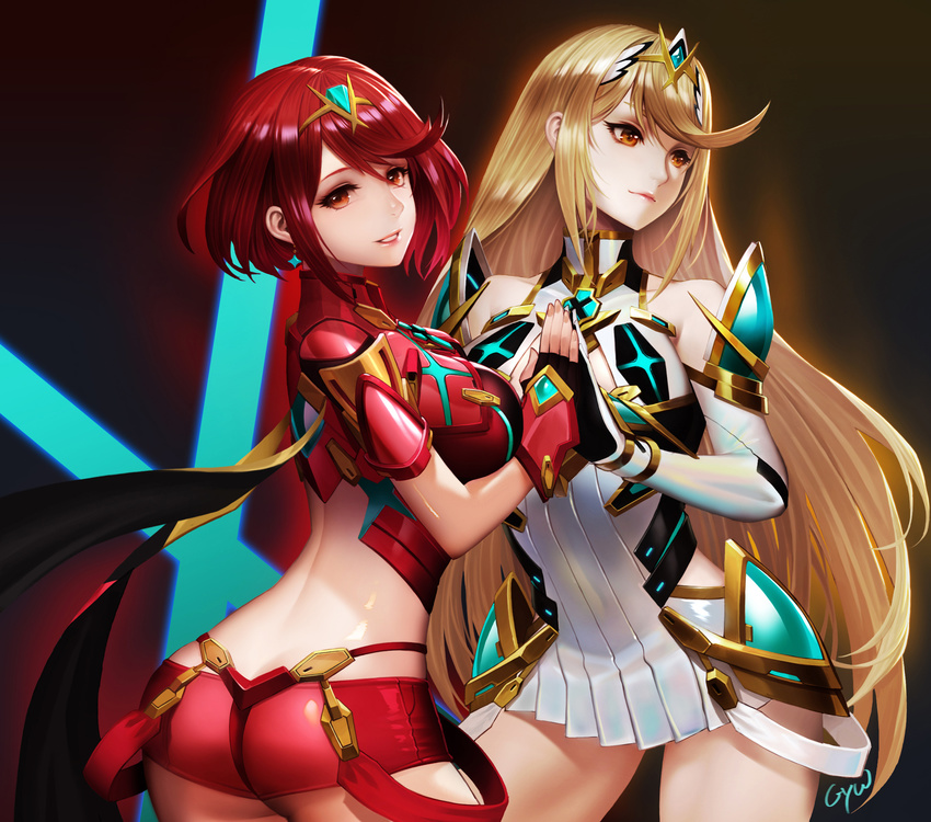 ass blonde_hair breasts cleavage commentary_request gloves gyworz highres hikari_(xenoblade_2) homura_(xenoblade_2) large_breasts long_hair looking_at_viewer midriff multiple_girls red_eyes red_hair short_hair shorts smile tiara xenoblade_(series) xenoblade_2 yellow_eyes