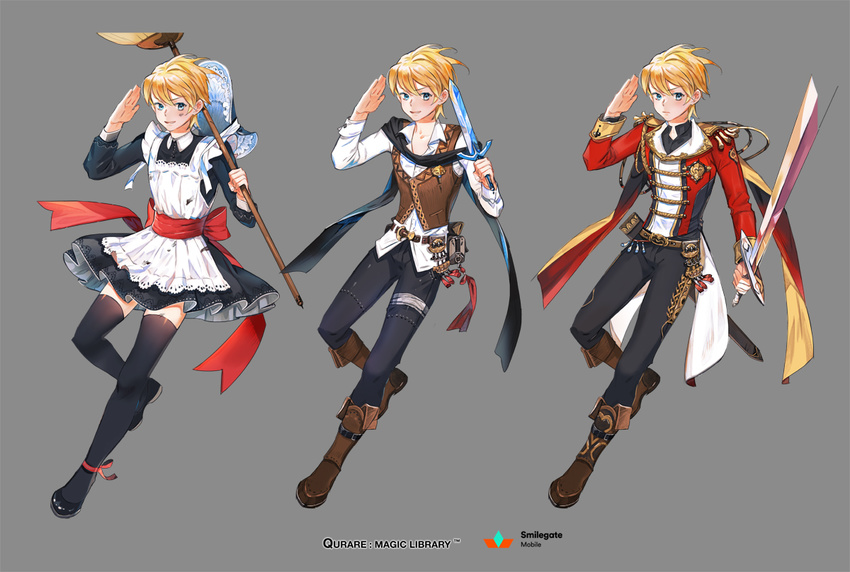 belt black_legwear black_pants blonde_hair blue_eyes bonnet boots broom brown_footwear copyright_name dirty_face grey_background headwear_removed holding holding_knife holding_sword holding_weapon knife looking_at_viewer maid male_focus multiple_views official_art pants qurare_magic_library salute sheath soot standing standing_on_one_leg sword thighhighs vest weapon zzinp