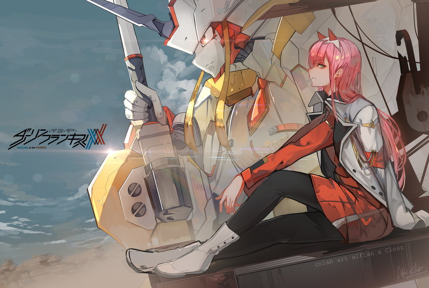aqua_eyes bangs blue_sky candy closz commentary copyright_name darling_in_the_franxx food hairband horns humanoid_robot jacket_on_shoulders lollipop long_hair looking_at_viewer mecha orange_eyes outdoors pantyhose pink_hair polearm red_shirt robot shiny shiny_hair shirt sitting sky solo straight_hair strelizia uniform weapon white_hairband zero_two_(darling_in_the_franxx)