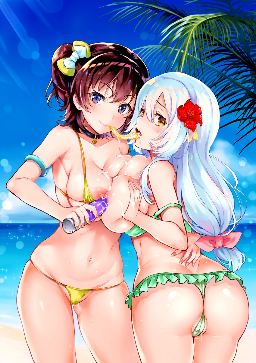 armlet ass ass_visible_through_thighs bangs beach bikini blue_eyes blush breast_press breasts breasts_outside brown_hair cameltoe choker cleavage condom contrapposto cowboy_shot day earrings fingernails flower frilled_bikini frills from_behind green_bikini hair_flower hair_ornament highres hug jewelry large_breasts long_hair looking_at_viewer lotion maumen micro_bikini mouth_hold multiple_girls navel nipples official_art one_side_up original palm_tree partially_visible_vulva pussy_juice sand shiny shiny_hair short_hair standing strap_slip swimsuit symmetrical_docking tree waist_hug water white_hair yellow_bikini yellow_eyes