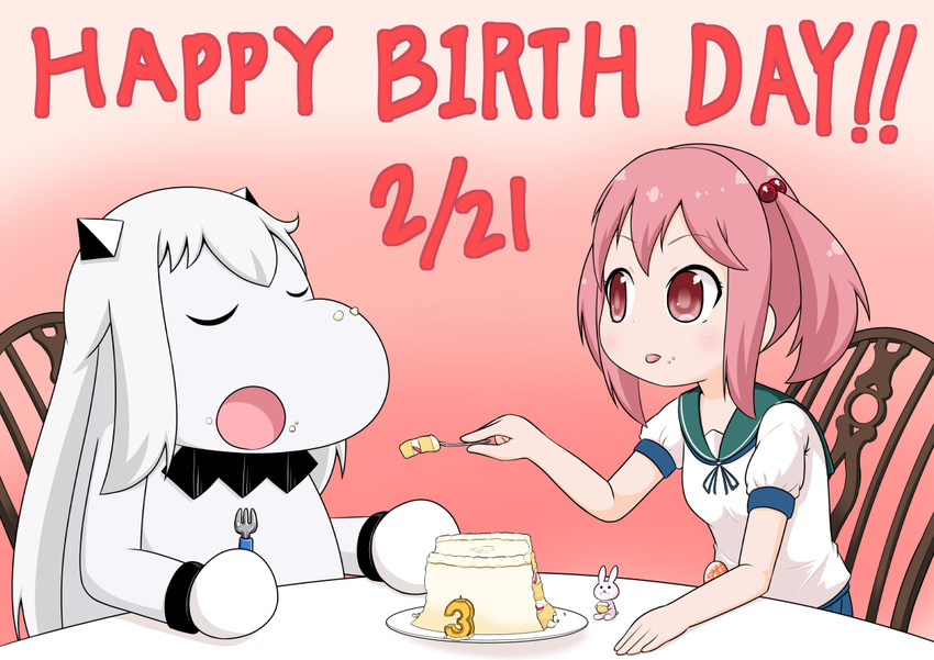 birthday_cake bunny cake chair closed_eyes collar commentary food food_on_face fork gradient gradient_background hair_bobbles hair_ornament happy_birthday holding holding_food holding_fork horns kantai_collection long_hair mittens moomin muppo northern_ocean_hime open_mouth pink_eyes pink_hair sazanami_(kantai_collection) sazanami_konami school_uniform serafuku shinkaisei-kan short_sleeves sidelocks sitting table twintails white_hair