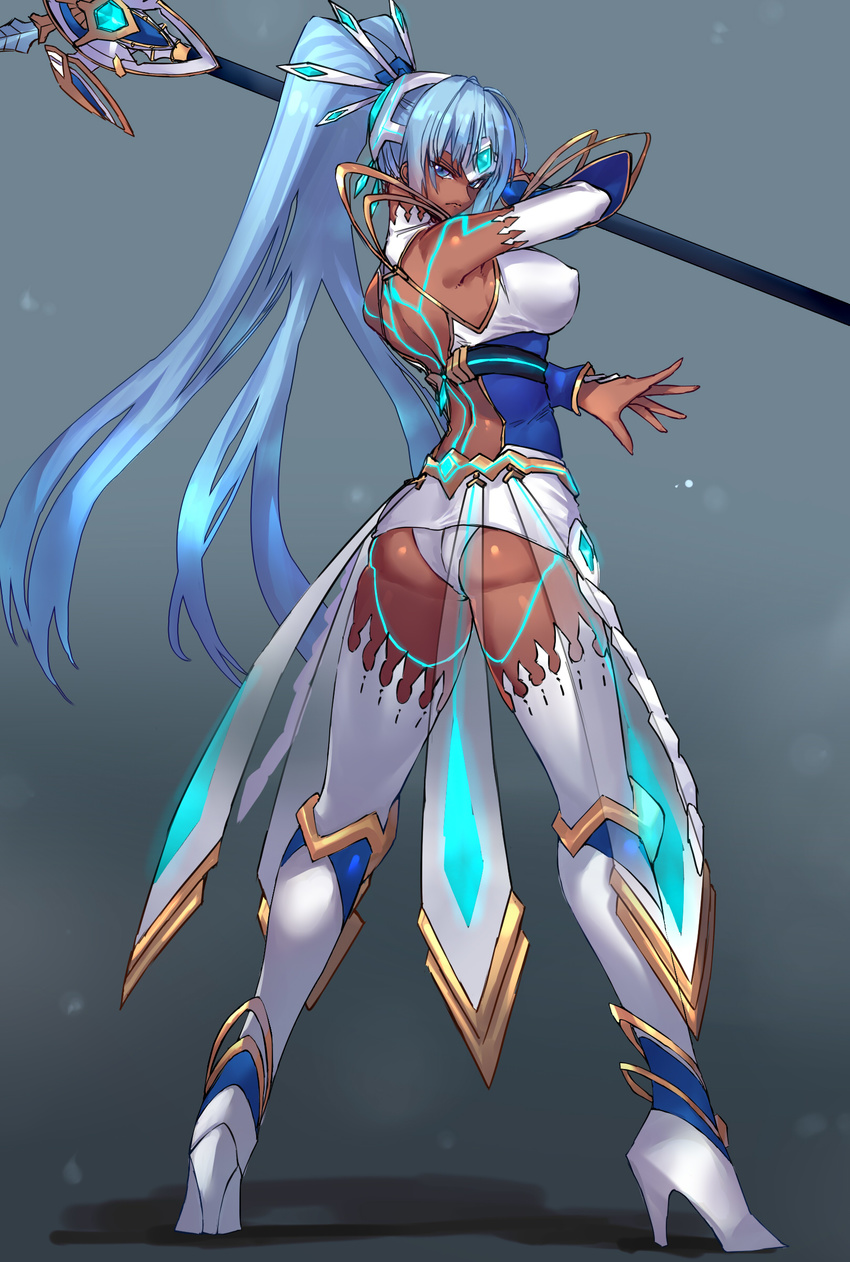 absurdres arched_back armor ass bare_shoulders blue_background blue_eyes blue_hair breasts closed_mouth commentary covered_nipples dark_skin detached_sleeves from_behind full_body glowing headgear high_heels highres large_breasts long_hair looking_at_viewer looking_back negresco polearm ponytail shiny shiny_hair shiny_skin simple_background solo spear standing thighhighs tokiha_(xenoblade) weapon white_legwear xenoblade_(series) xenoblade_2