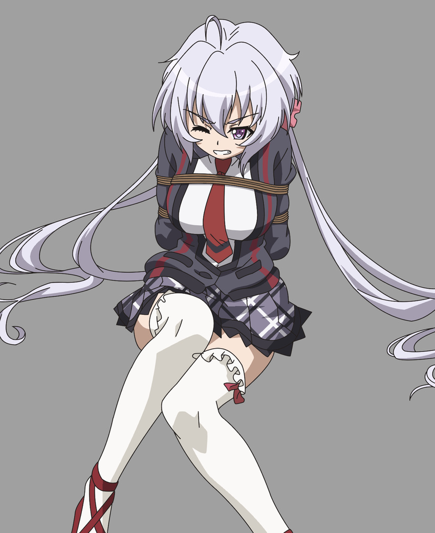 ahoge armpits arms_behind_back bdsm bondage bound bound_arms breasts clenched_teeth grey_background highres large_breasts long_hair low_twintails lydian_academy_uniform necktie one_eye_closed purple_eyes purple_hair red_neckwear rope school_uniform senki_zesshou_symphogear shaneko simple_background skirt solo teeth thighhighs tied_up twintails very_long_hair white_legwear wince yukine_chris