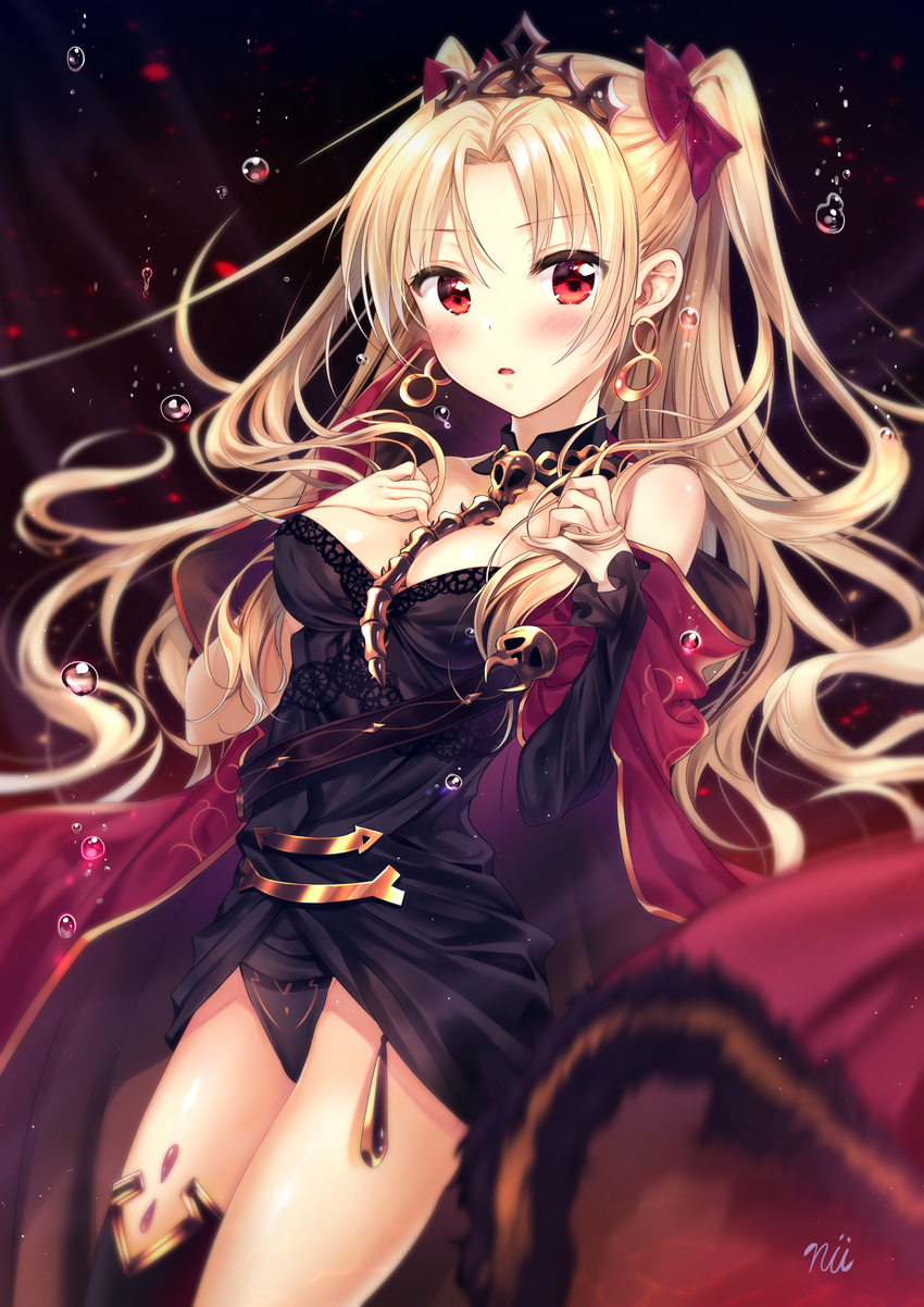 ainili asymmetrical_legwear asymmetrical_sleeves bangs between_breasts black_dress black_legwear blonde_hair blurry blurry_foreground blush bow breasts cape commentary_request depth_of_field dress earrings ereshkigal_(fate/grand_order) eyebrows_visible_through_hair fate/grand_order fate_(series) fingernails hair_bow hands_on_own_chest highres infinity jewelry long_hair long_sleeves looking_at_viewer medium_breasts parted_bangs parted_lips purple_bow purple_cape red_eyes signature single_sleeve single_thighhigh skull solo spine thighhighs tiara two_side_up very_long_hair