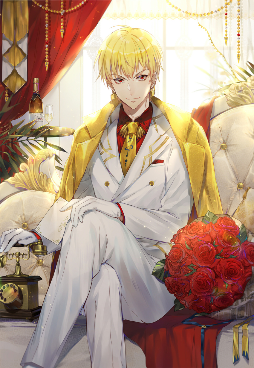 adapted_costume blonde_hair bottle bouquet chain closed_mouth corded_phone couch crossed_legs cup day drinking_glass earrings ekita_xuan fate/grand_order fate_(series) feet_out_of_frame flower formal gilgamesh gloves hand_on_own_knee highres indoors jacket jewelry lock lock_earrings long_sleeves looking_at_viewer male_focus necktie pants phone red_eyes red_flower red_rose red_shirt rose shirt sitting smile solo suit tray white_gloves white_jacket white_pants window wing_collar yellow_neckwear
