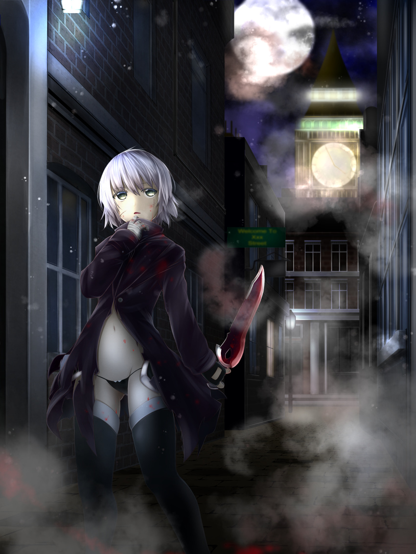 ass_visible_through_thighs bandaged_arm bandages black_coat black_gloves black_legwear black_panties blood bloody_clothes brick_wall clock clock_tower cowboy_shot dagger facial_scar fate/grand_order fate_(series) finger_to_mouth fog full_moon gloves highres holding holding_knife jack_the_ripper_(fate/apocrypha) knife kuro_yanagi lamppost lantern looking_at_viewer lowleg lowleg_panties moon night open_clothes outdoors panties scar scar_across_eye scar_on_cheek short_hair silver_hair solo standing thighhighs tower underwear wall weapon white_hair