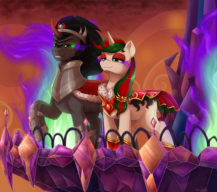 2018 alternate_universe armor balcony black_hair blue_fire castle crystals duo equine evomanaphy eyebrows eyelashes eyeshadow fan_character female feral fire friendship_is_magic glowing glowing_eyes green_eyes green_sclera grin hair half-closed_eyes hi_res horn king_sombra_(mlp) makeup male male/female mammal mascara mostly_nude multicolored_hair my_little_pony outside portrait railing red_eyes royalty signature sky smile standing teeth two_tone_hair unicorn