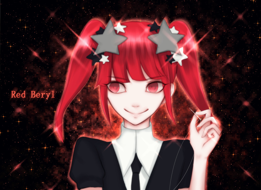 androgynous black_neckwear black_vest character_name closed_mouth collared_shirt czy_(2894456992) hair_ornament hand_up highres holding houseki_no_kuni necktie needle red_beryl_(houseki_no_kuni) red_eyes red_hair shirt smile solo twintails upper_body vest white_shirt wing_collar