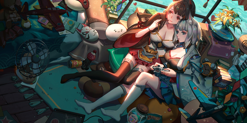 aircraft airplane akagi_(azur_lane) alarm_clock animal_ears azur_lane bag_of_chips bangs black_hair black_legwear blue_eyes blue_skirt blunt_bangs book bracelet breasts chips cleavage clock cola controller eating electric_fan eyebrows_visible_through_hair flower food fox_ears fox_mask game_controller gamepad grey_hair hakama_skirt highres ibara_dance indoors japanese_clothes jar jewelry kaga_(azur_lane) kneehighs large_breasts lily_(flower) looking_away mask mask_removed messy_room model_airplane multiple_girls no_shoes pillow pleated_skirt pocky potato_chips red_eyes red_skirt rug short_hair side-by-side sitting skirt snack soda_bottle stuffed_animal stuffed_toy tassel teddy_bear thighhighs vase white_legwear wide_sleeves window wooden_floor