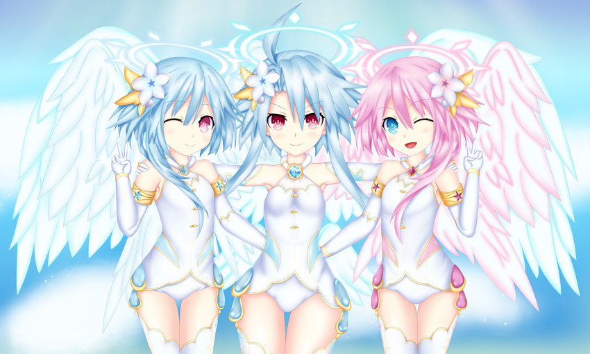 ;) ;d absurdres armpits bare_shoulders blue_eyes blue_hair cloud cloudy_sky cosplay cowboy_shot day derivative_work elbow_gloves feathered_wings flower four_goddesses_online:_cyber_dimension_neptune gloves hair_between_eyes hair_flower hair_ornament halo hand_on_another's_shoulder hand_up hands_on_another's_waist highres jewelry leotard looking_at_viewer multiple_girls neptune_(series) one_eye_closed open_mouth pink_eyes pink_hair power_symbol red_eyes rhapsofree short_hair short_hair_with_long_locks siblings side_ponytail sisters sky smile symbol-shaped_pupils thighhighs twins v white_gloves white_heart white_heart_(cosplay) white_legwear white_leotard white_sister_ram white_sister_rom white_wings wings
