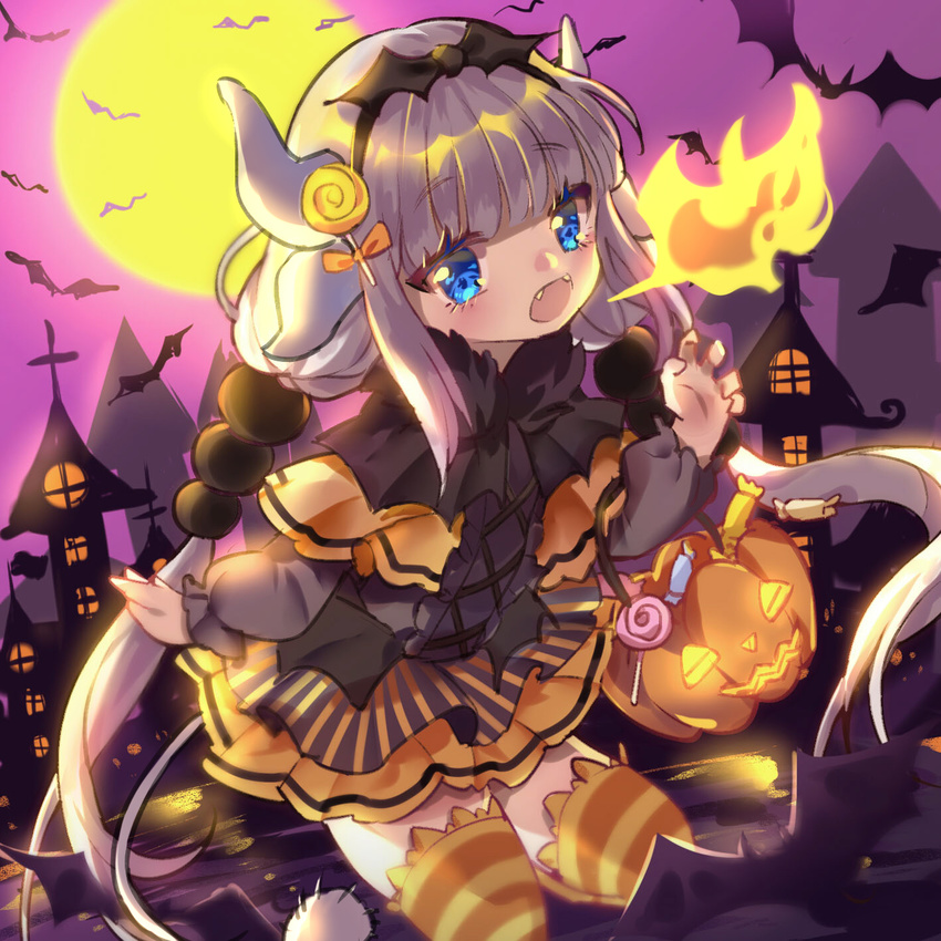 1girl bats fangs fire halloween horns kanna_kamui kobayashi-san_chi_no_maidragon moon striped striped_legwear tail trick_or_treat twintails