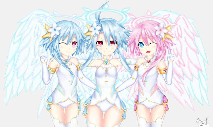 ;) ;d absurdres armpits bare_shoulders blue_eyes blue_hair cosplay cowboy_shot elbow_gloves feathered_wings flower four_goddesses_online:_cyber_dimension_neptune gloves hair_between_eyes hair_flower hair_ornament halo hand_on_another's_shoulder hand_up hands_on_another's_waist highres jewelry leotard looking_at_viewer multiple_girls neptune_(series) one_eye_closed open_mouth pink_eyes pink_hair power_symbol red_eyes rhapsofree short_hair short_hair_with_long_locks siblings side_ponytail simple_background sisters smile symbol-shaped_pupils thighhighs twins v white_background white_gloves white_heart white_heart_(cosplay) white_legwear white_leotard white_sister_ram white_sister_rom white_wings wings