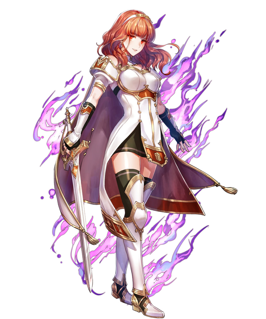 arm_guards armor armored_boots aura bangs black_legwear boots breastplate cape celica_(fire_emblem) dark_aura dark_persona detached_collar dress earrings eyebrows_visible_through_hair fingerless_gloves fire_emblem fire_emblem_echoes:_mou_hitori_no_eiyuuou fire_emblem_heroes full_body furikawa_arika gloves hair_ornament hairband highres holding holding_sword holding_weapon jewelry long_hair looking_at_viewer official_art parted_lips puffy_short_sleeves puffy_sleeves red_eyes red_hair short_sleeves smile solo standing sword thighhighs transparent_background weapon zettai_ryouiki