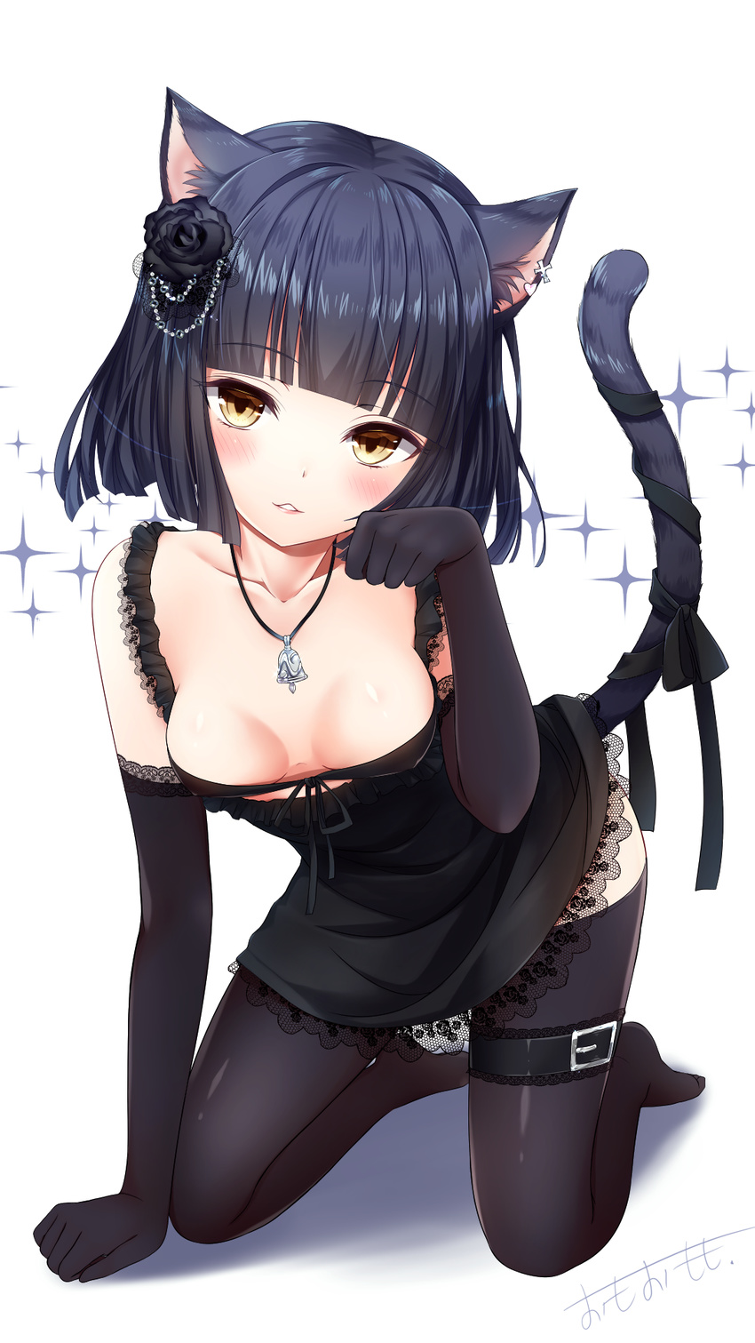 animal_ears bad_revision bangs bare_shoulders belt belt_buckle bikini_top black_belt black_bikini_top black_dress black_flower black_gloves black_hair black_legwear black_ribbon black_rose blunt_bangs blush breasts brown_eyes buckle cat_ears cat_girl cat_tail cleavage collarbone commentary_request covered_nipples cross downscaled_revision dress elbow_gloves flower front-tie_bikini front-tie_top full_body gloves hair_flower hair_ornament head_tilt heart highres jewelry kneeling leg_belt looking_at_viewer md5_mismatch medium_breasts no_shoes omoomomo original parted_lips paw_pose pendant revision ribbon rose signature sleeveless sleeveless_dress solo sparkle tail tail_ribbon thighhighs white_background