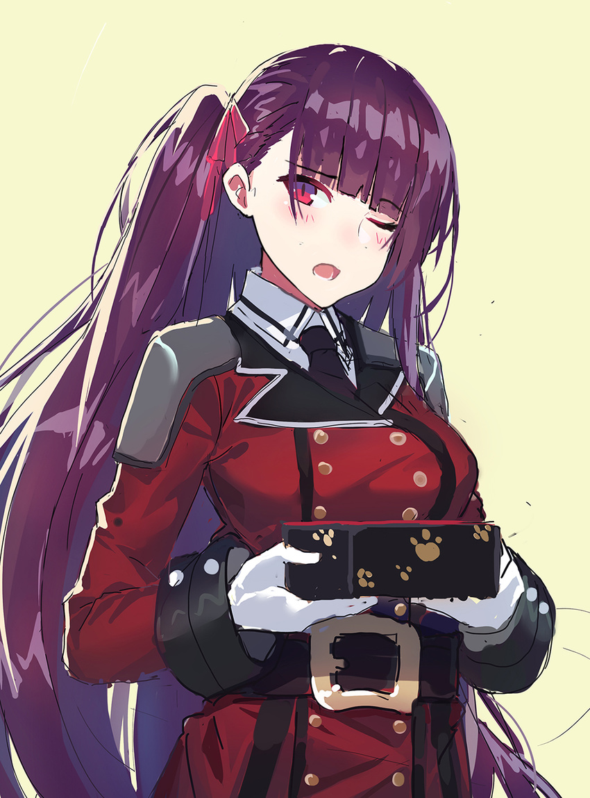 ;o belt belt_buckle blush box breasts buckle echj gift gift_box girls_frontline head_tilt highres holding holding_gift long_hair long_sleeves looking_at_viewer medium_breasts military military_uniform necktie one_eye_closed one_side_up open_mouth paw_print pink_eyes purple_hair shiny shiny_hair simple_background sketch solo tsurime uniform upper_body very_long_hair wa2000_(girls_frontline) yellow_background