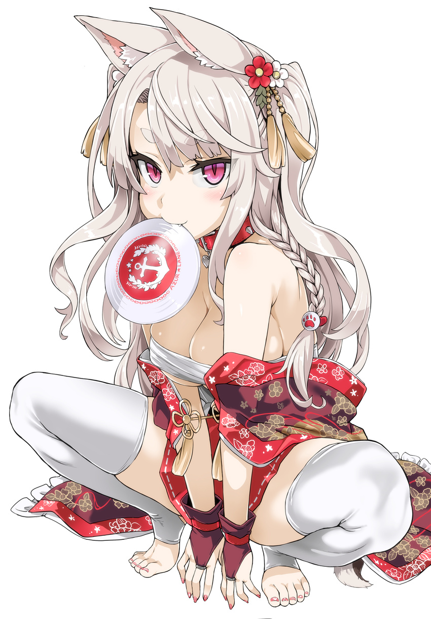 animal_ears asanagi azur_lane bare_shoulders barefoot braid breasts bridal_gauntlets cleavage collar dog_ears enty_reward feet fingerless_gloves flower frisbee gloves hair_flower hair_ornament highres large_breasts long_hair looking_at_viewer mouth_hold nail_polish nengajou new_year open_clothes paid_reward red_eyes short_eyebrows silver_hair simple_background single_braid smile solo spread_legs squatting thighhighs toeless_legwear toenail_polish toes white_background white_legwear yuudachi_(azur_lane)