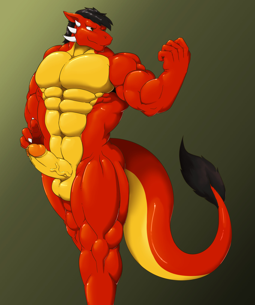 abs balls black_hair brown_eyes claws croiyan dragon glans hair horn invalid_tag male muscular muscular_male navel penis precum red_scales richy_(character) scales scalie vein veiny_penis yellow_scales