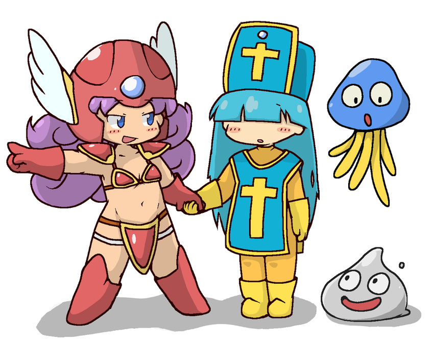 :d :o armor bangs bikini_armor blue_eyes blue_hair blue_hat blunt_bangs blush bodysuit boots breasts cleavage collarbone creature cross curly_hair dragon_quest dragon_quest_iii elbow_gloves eyebrows eyebrows_visible_through_hair gloves groin hagure_metal hair_over_eyes hat helmet hoimi_slime holding_hands index_finger_raised kuto_tubuyaki legs_apart legs_together long_hair looking_at_another midriff multiple_girls navel no_nose open_mouth orange_bodysuit pauldrons pointing priest_(dq3) purple_hair red_armor red_footwear red_gloves red_helmet shadow slime_(dragon_quest) small_breasts smile soldier_(dq3) standing stomach tabard white_wings winged_helmet wings yellow_footwear yellow_gloves