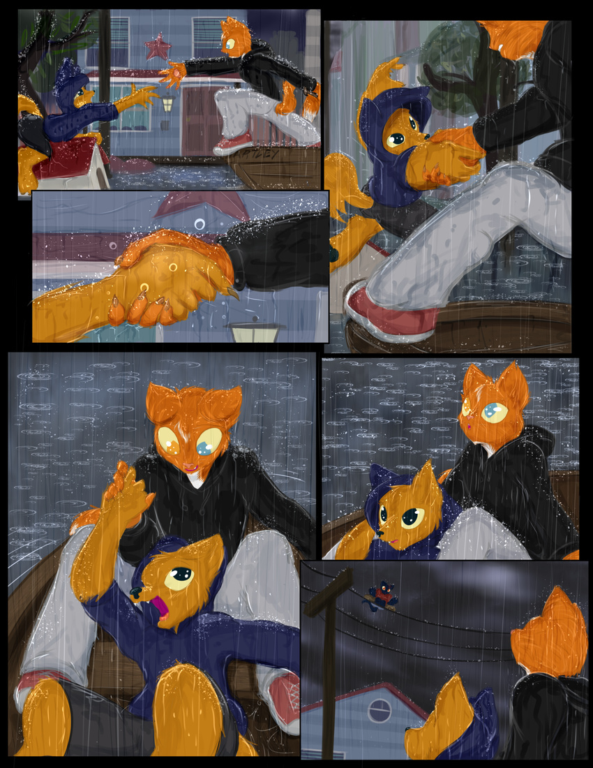 boat casey_(nitw) clothing comic dog_house flooding frist44 gregg_(nitw) hoodie mae_(nitw) night_in_the_woods powerline raining vehicle
