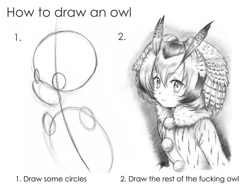 blush closed_mouth coat commentary english eyebrows_visible_through_hair from_side fur_collar greyscale hair_between_eyes highres how_to_draw_an_owl isaki_tanaka kemono_friends monochrome multicolored_hair northern_white-faced_owl_(kemono_friends) number signature sketch upper_body white_background