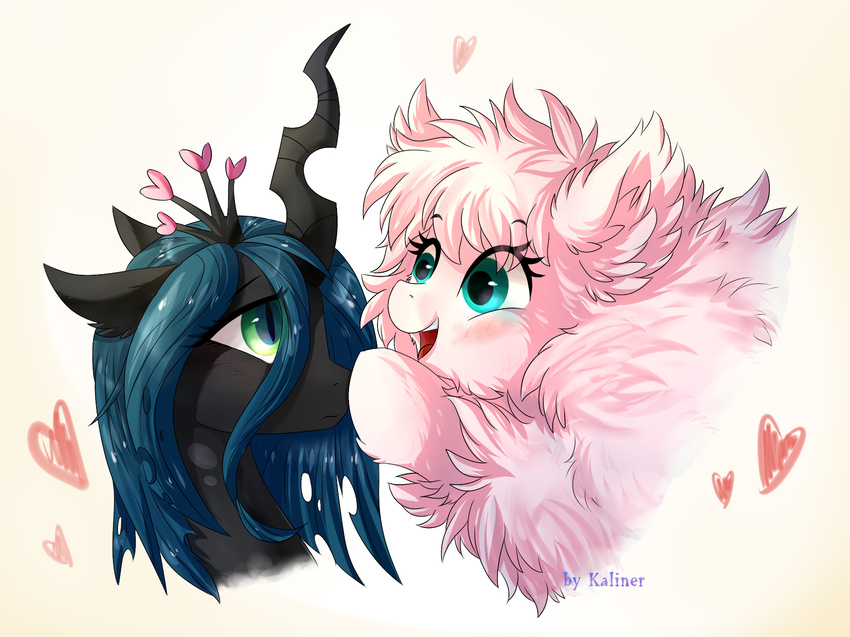 &lt;3 2018 blush boop changeling crown cute duo earth_pony equine eyebrows eyebrows_visible_through_hair eyelashes fan_character female female/female feral floppy_ears fluffle_puff fluffy friendship_is_magic fur green_eyes hair headshot_portrait hi_res horn horse inner_ear_fluff kaliner love mammal my_little_pony nude open_mouth open_smile pink_fur pink_hair pony portrait queen_chrysalis_(mlp) simple_background slit_pupils smile teal_eyes teal_hair teeth tongue white_background