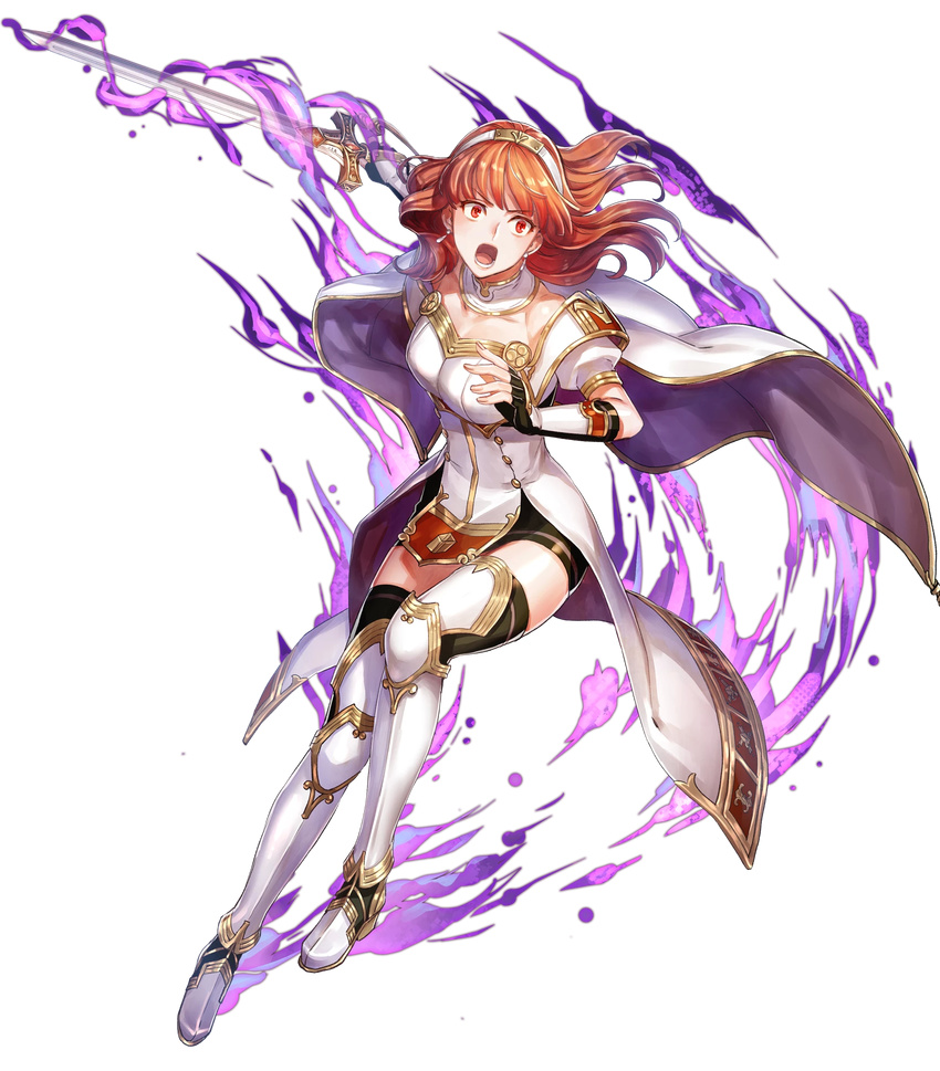 arm_guards armor armored_boots aura bangs black_legwear boots breastplate cape celica_(fire_emblem) dark_aura detached_collar dress earrings eyebrows_visible_through_hair fingerless_gloves fire_emblem fire_emblem_echoes:_mou_hitori_no_eiyuuou fire_emblem_heroes full_body furikawa_arika gloves hair_ornament hairband highres holding holding_sword holding_weapon jewelry long_hair looking_away official_art open_mouth puffy_short_sleeves puffy_sleeves red_hair short_sleeves solo sword thighhighs transparent_background weapon zettai_ryouiki