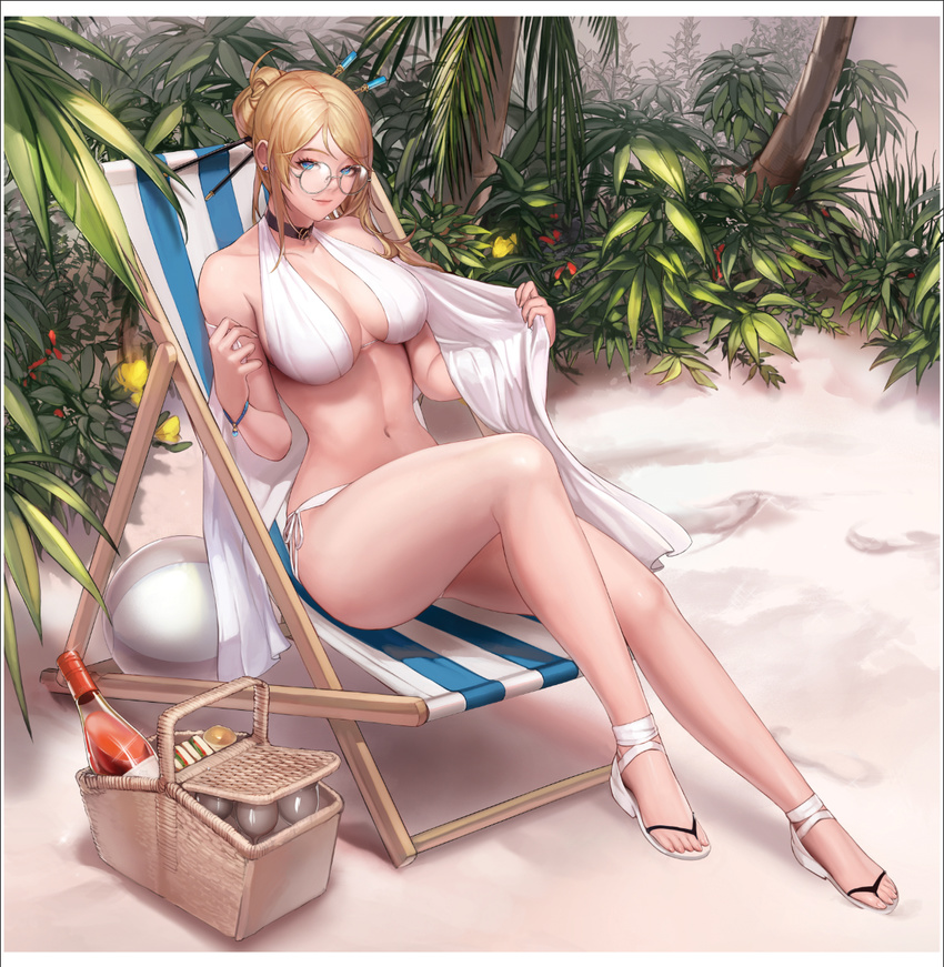 alcohol ball bangs beach beachball bikini blonde_hair blue_eyes bottle bracelet breasts choker cleavage collarbone cup deck_chair drinking_glass dungeon_and_fighter earrings eyelashes female_gunner_(dungeon_and_fighter) food frame from_side full_body hair_bun hair_ornament hair_stick halterneck highres jewelry large_breasts long_hair looking_at_viewer md5_mismatch monaim navel outdoors panties picnic_basket plant round_eyewear sand sandals sandwich side-tie_bikini sitting smile solo stud_earrings swimsuit towel tree underwear white_bikini wine wine_bottle wine_glass