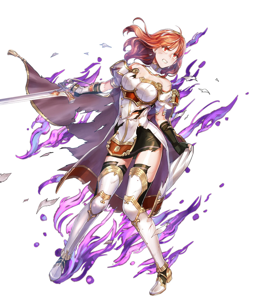 arm_guards armor armored_boots aura bangs bare_shoulders black_legwear boots breastplate cape celica_(fire_emblem) clenched_teeth dark_aura detached_collar dress earrings fingerless_gloves fire_emblem fire_emblem_echoes:_mou_hitori_no_eiyuuou fire_emblem_heroes full_body furikawa_arika gloves hair_ornament hairband highres holding holding_cape jewelry long_hair looking_at_viewer official_art puffy_short_sleeves puffy_sleeves red_hair scar short_sleeves solo standing teeth thighhighs torn_clothes transparent_background zettai_ryouiki