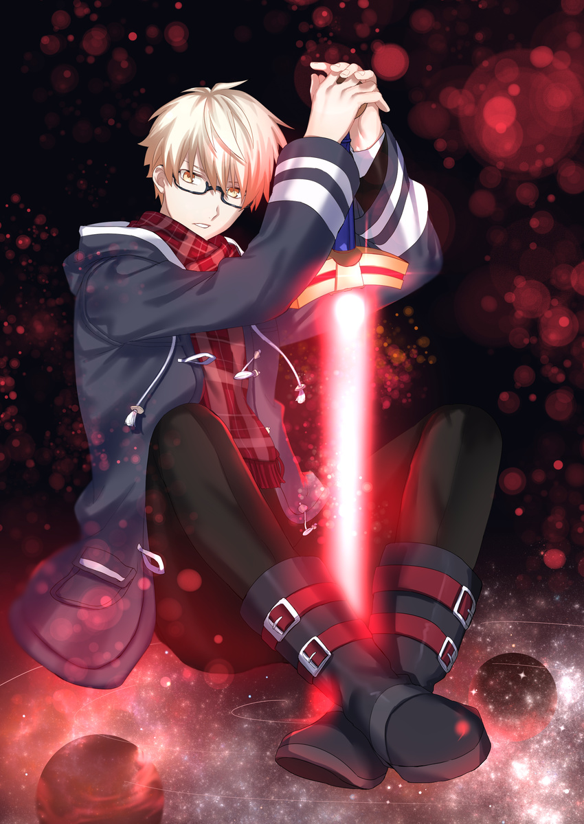 absurdres arthur_pendragon_(fate) artoria_pendragon_(all) bad_id bad_pixiv_id blonde_hair commentary_request cosplay excalibur fate/grand_order fate/prototype fate_(series) glasses highres holding holding_sword holding_weapon jacket looking_at_viewer male_focus mysterious_heroine_x_(alter) mysterious_heroine_x_(alter)_(cosplay) scarf seseragi_azuma sitting solo sword weapon yellow_eyes