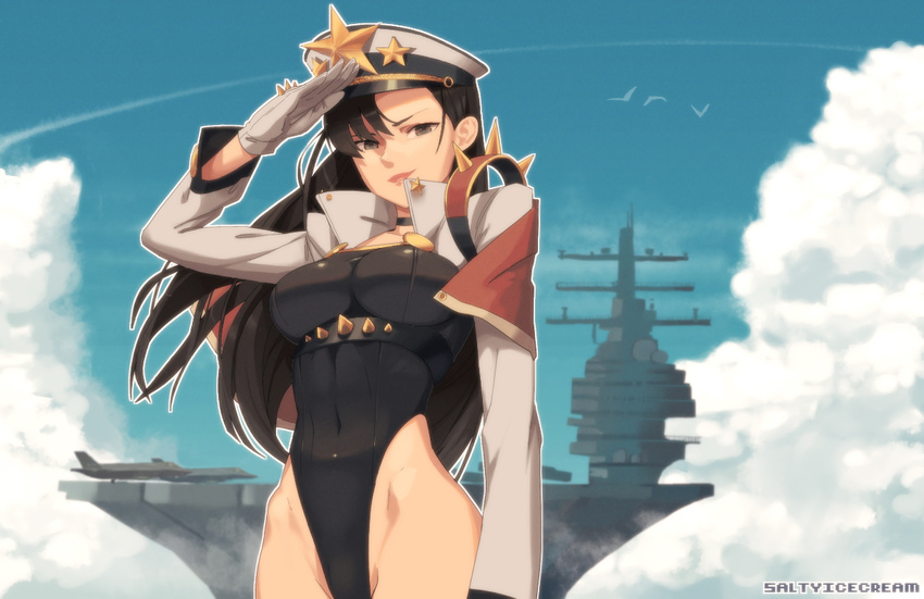 aircraft_carrier artist_name bangs black_eyes black_hair black_leotard breasts capelet closed_eyes copyright_request gloves hand_up hat highleg highleg_leotard jacket large_breasts leotard long_sleeves looking_at_viewer military military_vehicle peaked_cap saltyicecream salute ship smile solo spikes upper_body warship watercraft white_gloves white_jacket