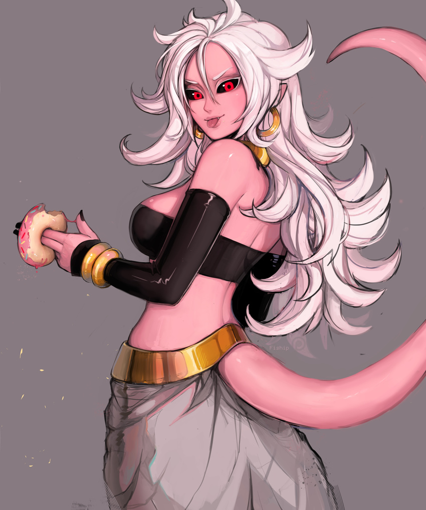 :p absurdres android_21 artist_name bare_shoulders black_nails black_sclera bracelet breasts commentary detached_sleeves doughnut dragon_ball dragon_ball_fighterz earrings fang food food_on_face from_side grey_background highres hoop_earrings jewelry large_breasts long_hair looking_at_viewer majin_android_21 matilda_vin nail_polish penetration_gesture pink_skin pointy_ears red_eyes sexually_suggestive simple_background solo strapless tail tongue tongue_out tubetop white_hair