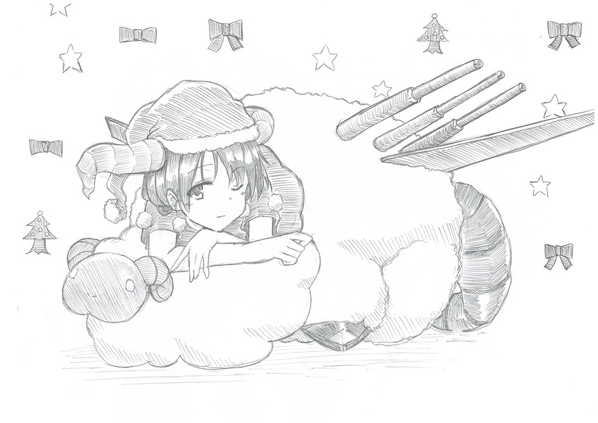 airplane_wing antinomy_of_common_flowers bangs bow christmas christmas_tree closed_mouth doreking doremy_sweet eyebrows_visible_through_hair graphite_(medium) greyscale hand_on_own_arm hat highres horns looking_at_viewer mahiro_(akino-suisen) monochrome one_eye_closed pom_pom_(clothes) ribbon santa_hat sheep short_sleeves solo star tail touhou traditional_media wings