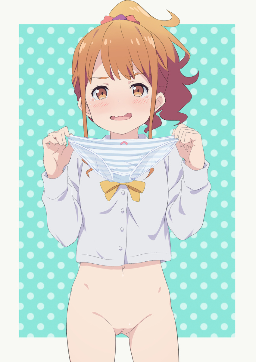 bangs blush bottomless bow brown_eyes collared_shirt commentary_request cowboy_shot eromanga_sensei eyebrows_visible_through_hair hair_ornament hair_scrunchie halftone halftone_background hayyan highres holding holding_panties jinno_megumi legs_apart long_sleeves looking_at_viewer multicolored_scrunchie navel open_mouth orange_hair outside_border panties panties_removed polka_dot polka_dot_background ponytail presenting_panties pussy school_uniform scrunchie shirt sidelocks solo standing striped striped_panties tearing_up underwear white_shirt yellow_neckwear