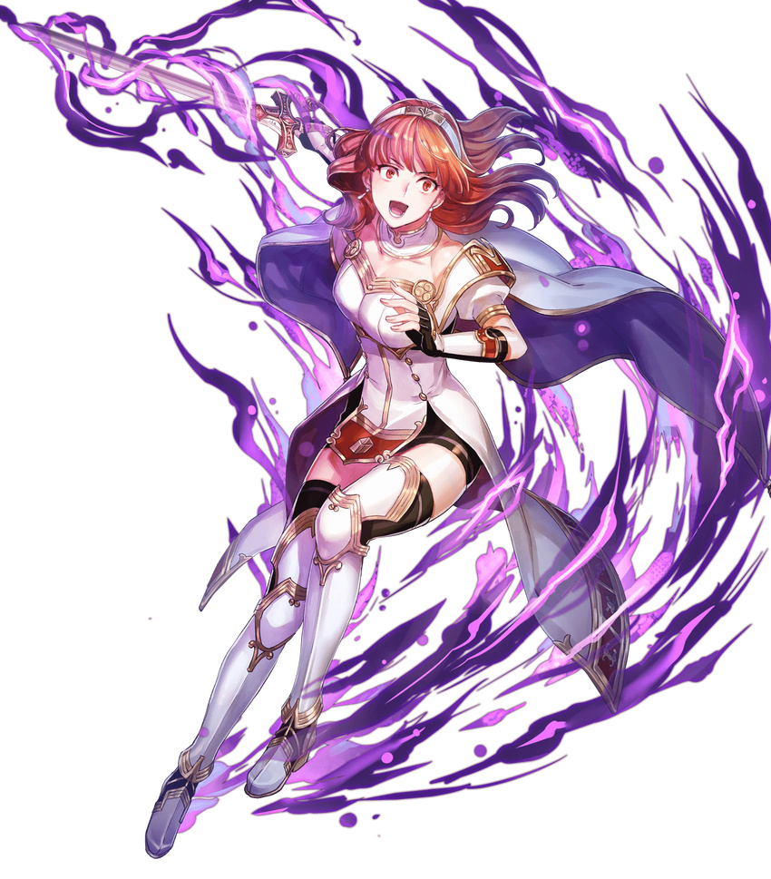 arm_guards armor armored_boots aura bangs black_legwear boots breastplate cape celica_(fire_emblem) dark_aura detached_collar dress earrings evil_smile eyebrows_visible_through_hair fingerless_gloves fire_emblem fire_emblem_echoes:_mou_hitori_no_eiyuuou fire_emblem_heroes full_body furikawa_arika gloves glowing glowing_weapon hair_ornament hairband highres holding holding_sword holding_weapon jewelry long_hair official_art open_mouth puffy_short_sleeves puffy_sleeves red_hair short_sleeves smile solo sword thighhighs transparent_background weapon zettai_ryouiki