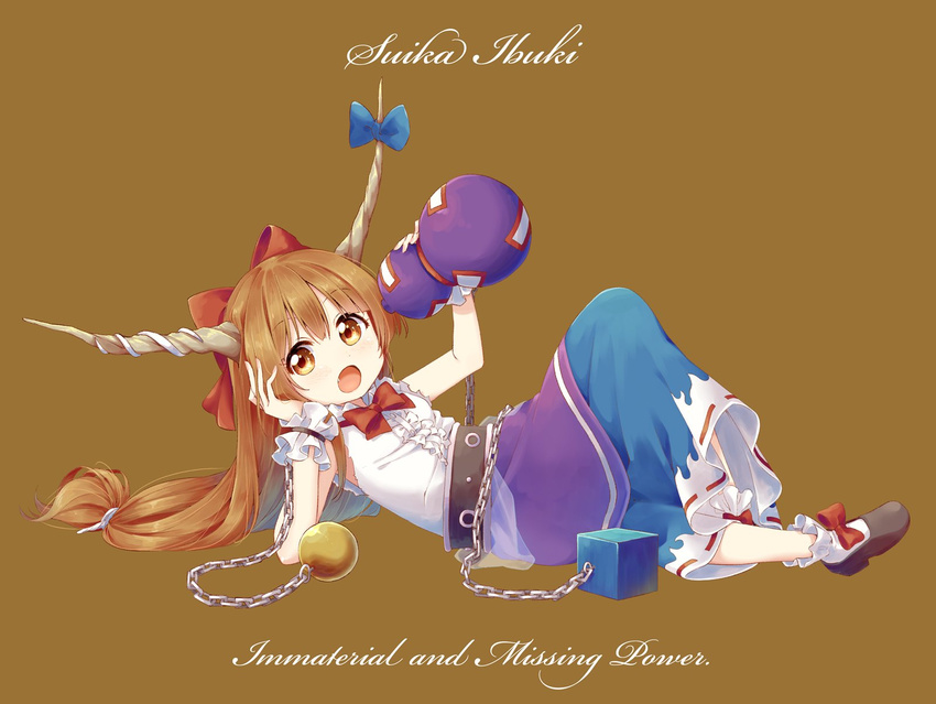 arm_up bangs black_footwear blue_ribbon blush bow bowtie brown_background brown_eyes brown_hair chain character_name copyright_name cube english eyebrows_visible_through_hair fang full_body gourd hair_bow head_rest highres horn_ribbon horns ibuki_suika immaterial_and_missing_power ksk_(semicha_keisuke) layered_skirt long_hair low-tied_long_hair lying multicolored multicolored_clothes multicolored_skirt oni open_mouth orange_hair purple_skirt red_bow red_neckwear ribbon ribbon-trimmed_skirt ribbon_trim shirt shoes simple_background skirt sleeveless sleeveless_shirt socks solo sphere touhou white_legwear white_shirt wrist_cuffs yellow_eyes