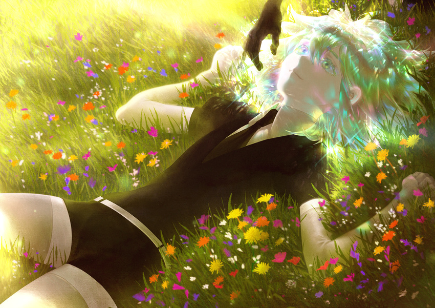 androgynous bort diamond_(houseki_no_kuni) elbow_gloves flower gem_uniform_(houseki_no_kuni) gloves grass hei_hwan highres houseki_no_kuni looking_up lying multicolored multicolored_eyes multicolored_hair necktie on_back out_of_frame rainbow_eyes rainbow_hair short_hair shorts smile solo_focus sparkle thighhighs