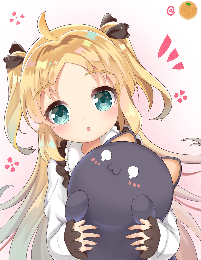 :o absurdres aqua_eyes bangs black_bow blonde_hair blush bow charlotte_izoard commentary commentary_request dress dutch_angle eyebrows_visible_through_hair gradient gradient_background hair_bow highres holding holding_stuffed_animal ju_(a793391187) long_hair long_sleeves looking_at_viewer parted_lips pink_background ryuuou_no_oshigoto! sleeves_past_wrists solo stuffed_animal stuffed_cat stuffed_toy two_side_up very_long_hair white_background white_dress