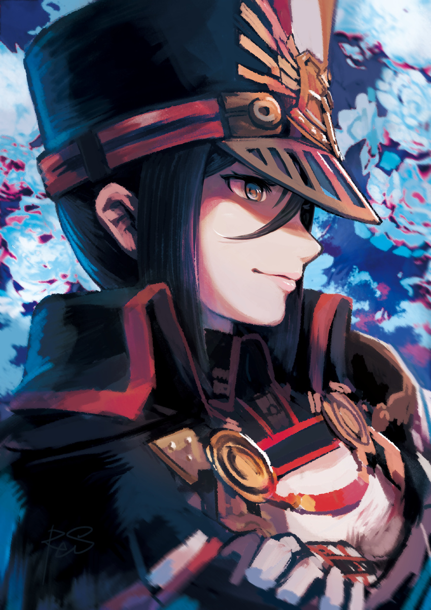 absurdres artist_name black_eyes black_hair closed_mouth commentary_request from_side hair_between_eyes hat high_collar highres meleph_(xenoblade) military military_jacket military_uniform peaked_cap pink_lips reiesu_(reis) short_hair signature smile solo uniform upper_body xenoblade_(series) xenoblade_2