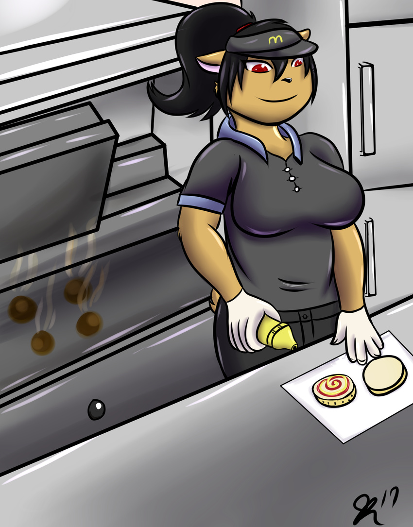 2017 5_fingers anthro bear big_breasts biped black_hair black_nose bottomwear breasts buns burger clothed clothing cooking detailed_background female fingers food fully_clothed fur gloves grey_bottomwear grey_clothing grey_hat grey_headwear grey_pants grey_shirt grey_topwear grill hair hat headwear holding_object kitchen mammal mcdonald's pants ponytail red_eyes ruby_(xwebzx) shirt smile solo standing tan_ears tan_fur topwear uniform visor white_gloves working xwebzx