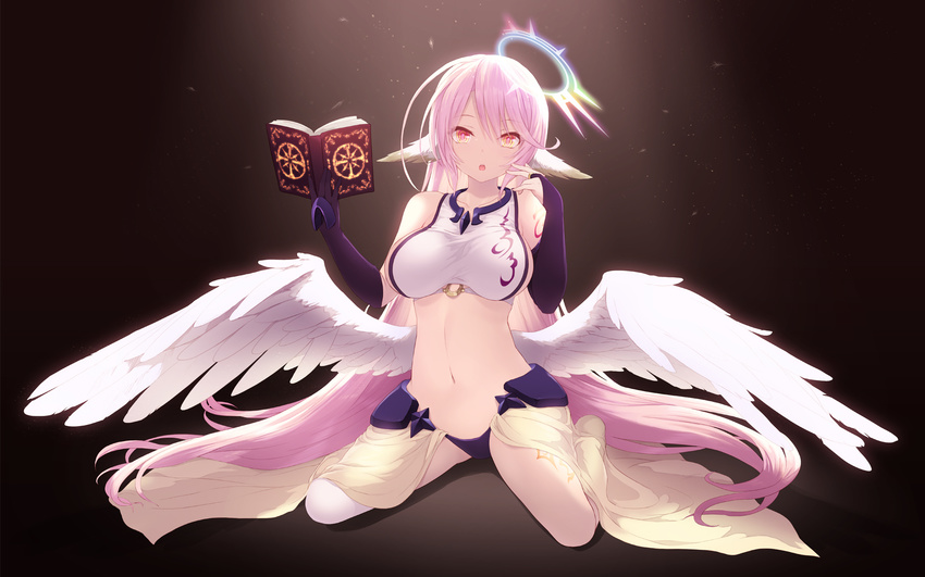 :o bangs bare_legs bare_shoulders black_gloves blush book breasts bridal_gauntlets cait collarbone crop_top elbow_gloves feathered_wings gloves halo hand_up highres holding holding_book jibril_(no_game_no_life) large_breasts long_hair looking_at_viewer low_wings navel no_game_no_life o-ring open_book open_mouth pink_eyes pink_hair revision ringed_eyes sideboob single_elbow_glove single_glove sitting solo spotlight stomach straight_hair very_long_hair waist_cape wariza white_wings wings yellow_eyes
