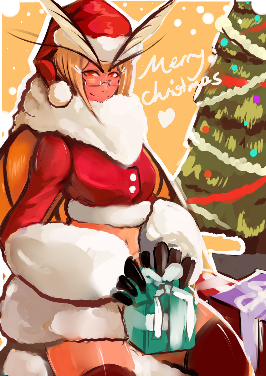 &lt;3 2015 animal_humanoid antennae anthro christmas christmas_tree claws clothed clothing costume english_text eyewear female gift glasses hat holding_gift holding_object holidays humanoid insect_wings legwear looking_at_viewer midriff moth-chan moth_humanoid mothmandraws navel neck_tuft red_eyes santa_costume santa_hat smile solo text thigh_highs tree tuft wings wrist_tuft