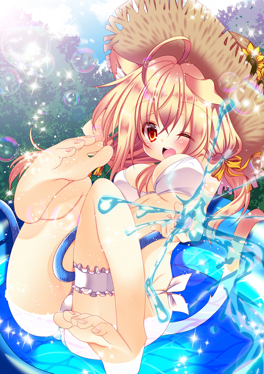 ;d ahoge animal_ears ass barefoot bikini blush breasts day flower hat highres hikanyan hose large_breasts light_brown_hair moe2018 one_eye_closed open_mouth original outdoors pool smile straw_hat sun_hat sunflower swimsuit tail thigh_strap toes water