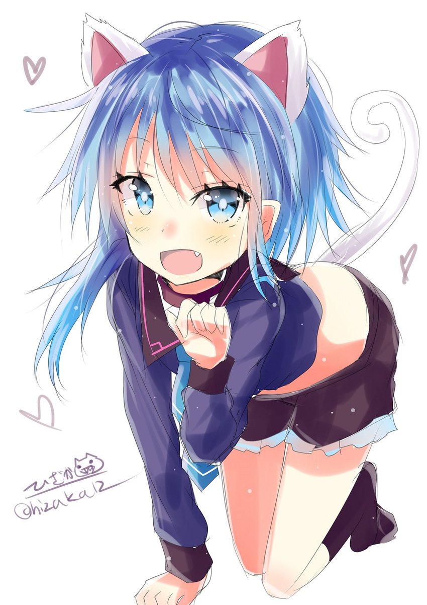 ahoge all_fours animal_ears black_legwear blue_eyes blue_hair blue_neckwear cat_ears cat_tail commentary_request fang frilled_shorts frills highres hizaka kantai_collection kemonomimi_mode kneehighs minazuki_(kantai_collection) necktie open_mouth paw_pose short_hair_with_long_locks shorts simple_background solo tail tail_raised white_background