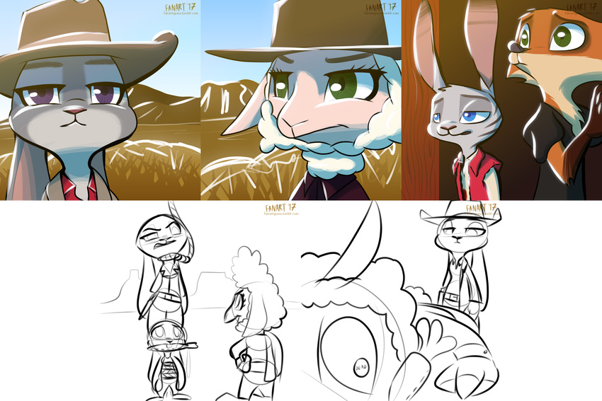 2017 anthro arms_tied belt blue_eyes bound canine caprine clothed clothing cowboy_hat crossover dawn_bellwether disney ear_markings facial_markings fanartiguess female fox fur_markings green_eyes group hand_on_hip hat holster jack_savage judy_hopps lagomorph male mammal markings mouth_hold nick_wilde noose on_shoulders once_upon_a_time_in_the_west outside purple_eyes rabbit sheep signature standing url wool zootopia