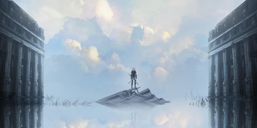 absurdres asuteroid back boots building cloud cloudy_sky dragon fantasy gloves highres original reflection rubble scenery short_hair sky solo sword water weapon white_hair