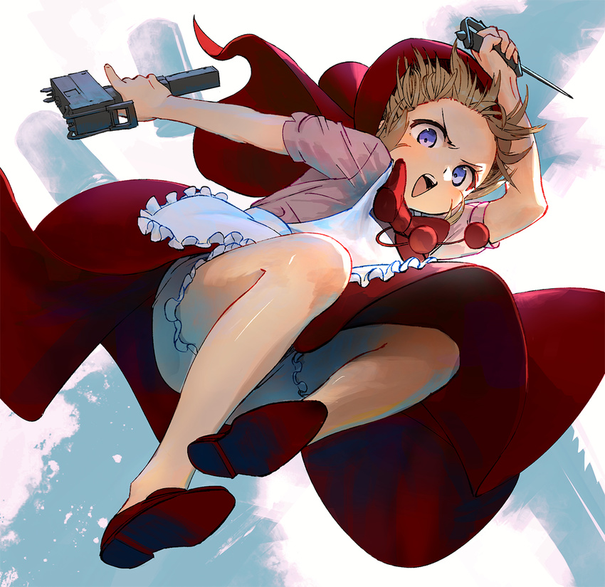 :d apron blonde_hair bloomers blush bow bowtie bulleta falling frills gun highres holding holding_gun holding_weapon hood hood_up imi_uzi knife looking_at_viewer open_mouth purple_eyes red_footwear red_neckwear short_hair short_sleeves smile solo submachine_gun treeware trench_knife underwear vampire_(game) weapon
