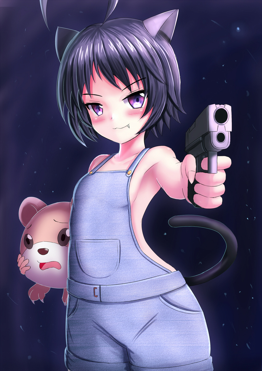 :3 ahoge aiming_at_viewer animal_ears arlly_radithia armpits bangs black_hair blush breasts cat_ears cat_girl cat_tail closed_mouth collarbone commentary_request eyebrows_visible_through_hair fang fang_out finger_on_trigger fingernails gun handgun highres holding holding_gun holding_weapon looking_at_viewer naked_overalls original outstretched_arm overalls pistol purple_eyes short_hair small_breasts solo tail tsurime weapon