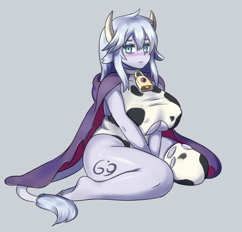 animal_ears animal_print bare_legs barefoot bell bell_collar between_legs blue_eyes blush breasts cape collar commentary cow_bell cow_ears cow_horns cow_print cow_tail full_body fusion grey_background hair_between_eyes hand_between_legs highres holstaurus hood hood_down horns huge_breasts leotard lich_(monster_girl_encyclopedia) long_hair looking_at_viewer monster_girl_encyclopedia nav print_legwear purple_skin silver_hair simple_background single_thighhigh sitting solo tail tattoo thighhighs