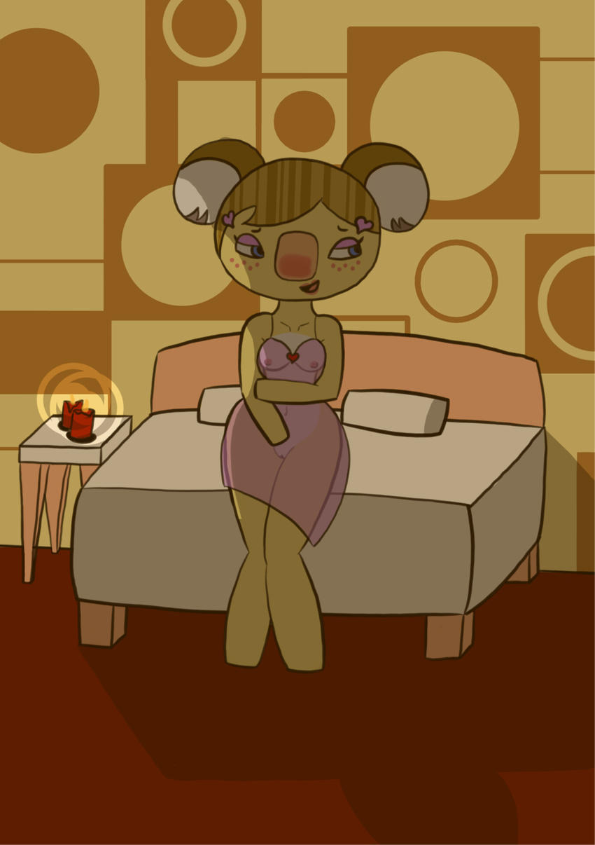 &lt;3 alice_(animal_crossing) animal_crossing bed breasts candle clothing featureless_feet featureless_hands female koala lingerie mammal marsupial nightgown nintendo nipples pussy translucent transparent_clothing video_games