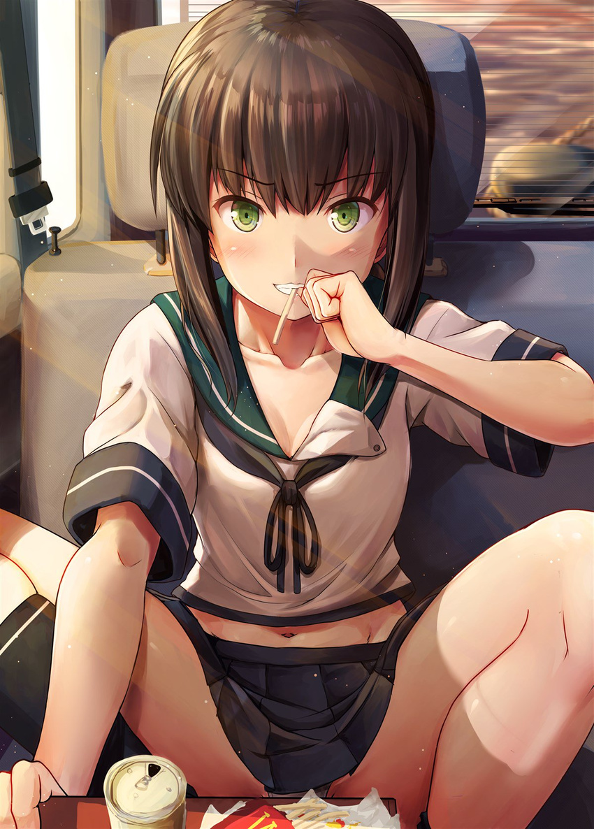belly_peek black_legwear blue_skirt blush brand_name_imitation breasts brown_hair car_interior check_commentary cleavage collarbone commentary commentary_request eyebrows_visible_through_hair feet_up food french_fries fubuki_(kantai_collection) green_eyes grin hand_to_own_mouth highres ichikawa_feesu kantai_collection looking_at_viewer mcdonald's midriff navel panties pantyshot pantyshot_(sitting) pleated_skirt ponytail school_uniform seatbelt serafuku short_sleeves sitting skirt small_breasts smile socks solo striped striped_legwear underwear white_panties